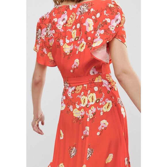 Free People Jess Wrap Dress in Red-Orange Floral Size M - Picture 2 of 16